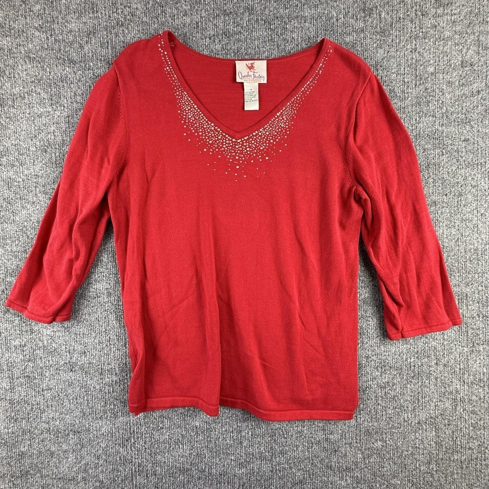 Quacker‎ Factory Sweater Womens Medium Red V Neck 3/4 Sleeve Rhinestone Knit Top